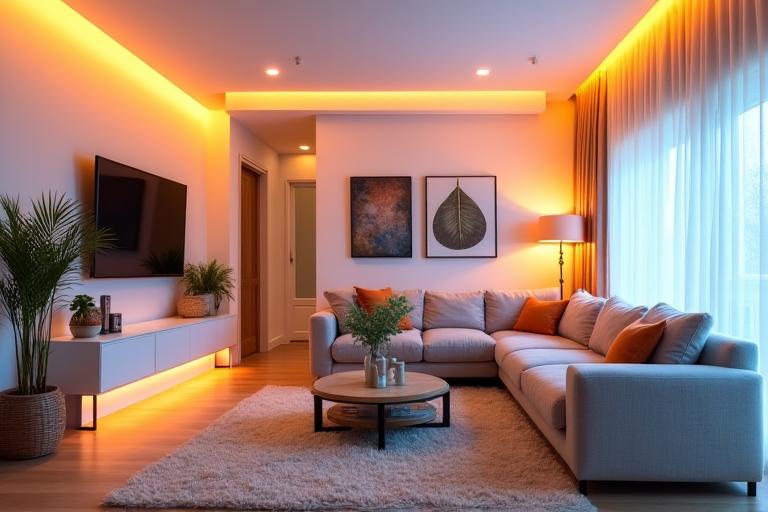 Maliwanag na sala na may modernong LED lighting