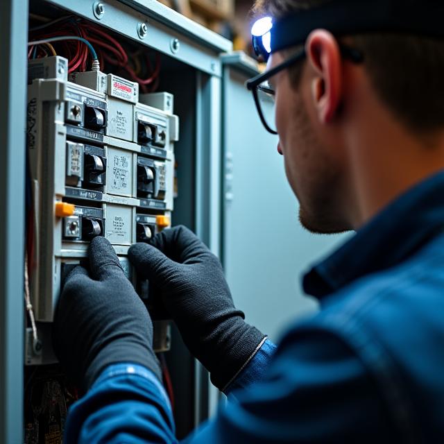 Isang sertipikadong electrician na nagsasagawa ng safety inspection sa isang panel board
